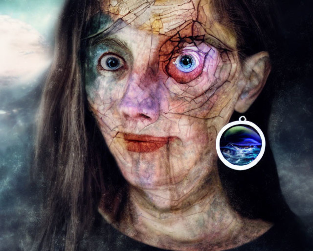 Colorful eye and cracked skin surreal portrait with space earring.