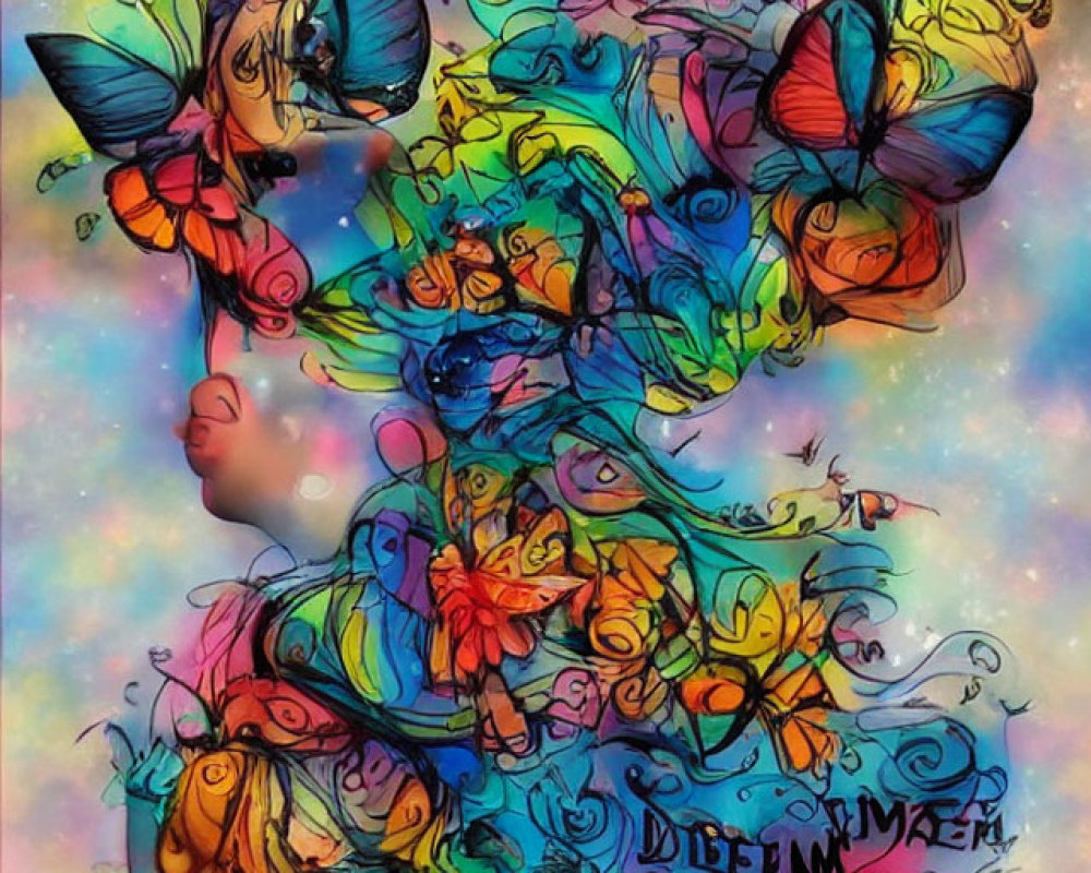 Colorful Abstract Painting with Butterfly and Floral Motifs on Pastel Background