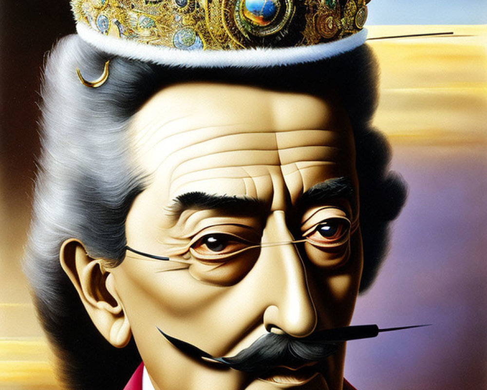 Surreal portrait of man with ornate crown and mustache