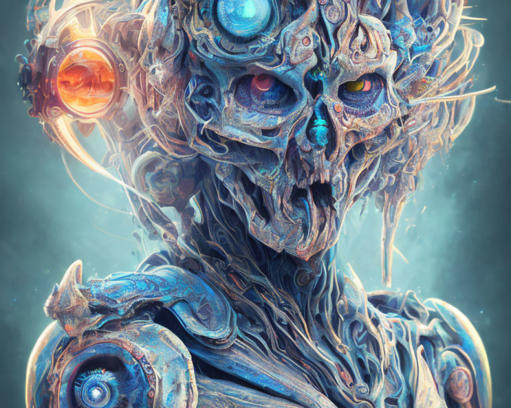 Detailed Biomechanical Entity with Robotic and Organic Features on Cool-Toned Backdrop