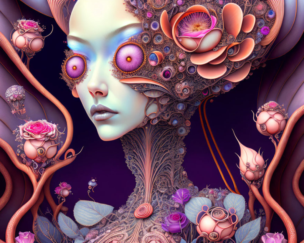 Surreal Female Portrait with Floral and Mechanical Elements in Vibrant Purple Tones