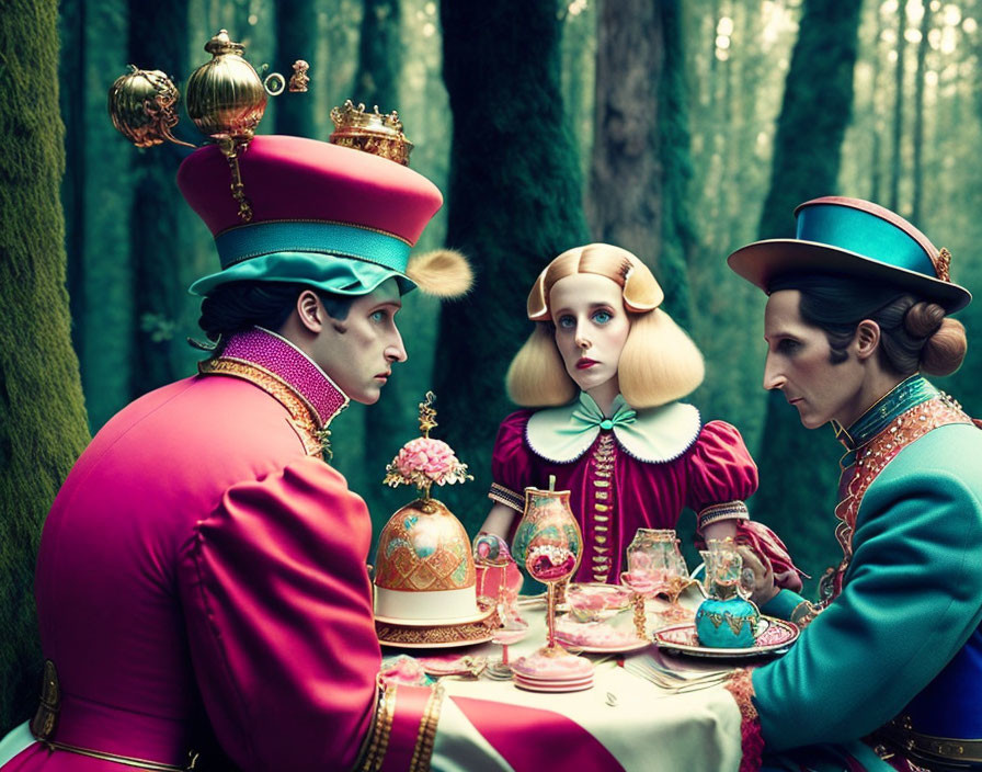 Vintage royal attire trio at table in lush forest with ornate tableware