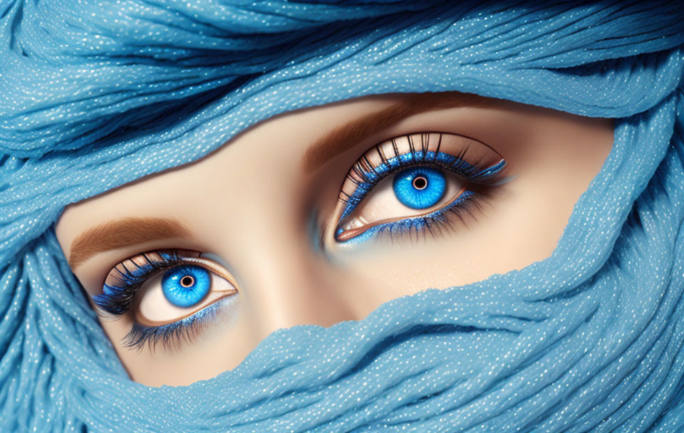 Vivid blue eyes close-up with blue fabric framing hair and face