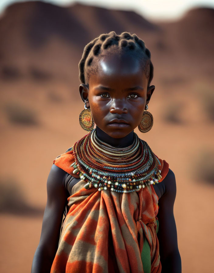 Child with braided hair in traditional attire against desert backdrop