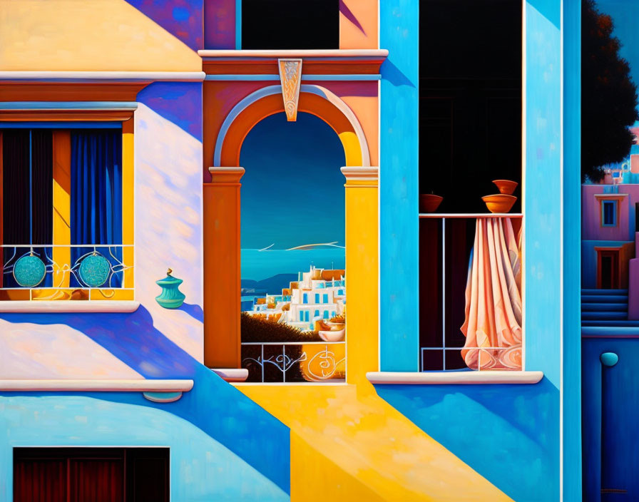 Colorful Architectural Painting with Coastal View and Blue Skies