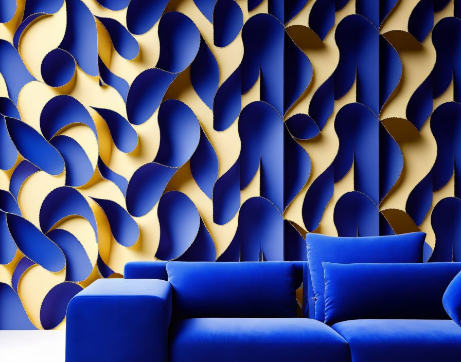 Blue Couches and Column in Room with Metallic Gold and Blue Wave Wall