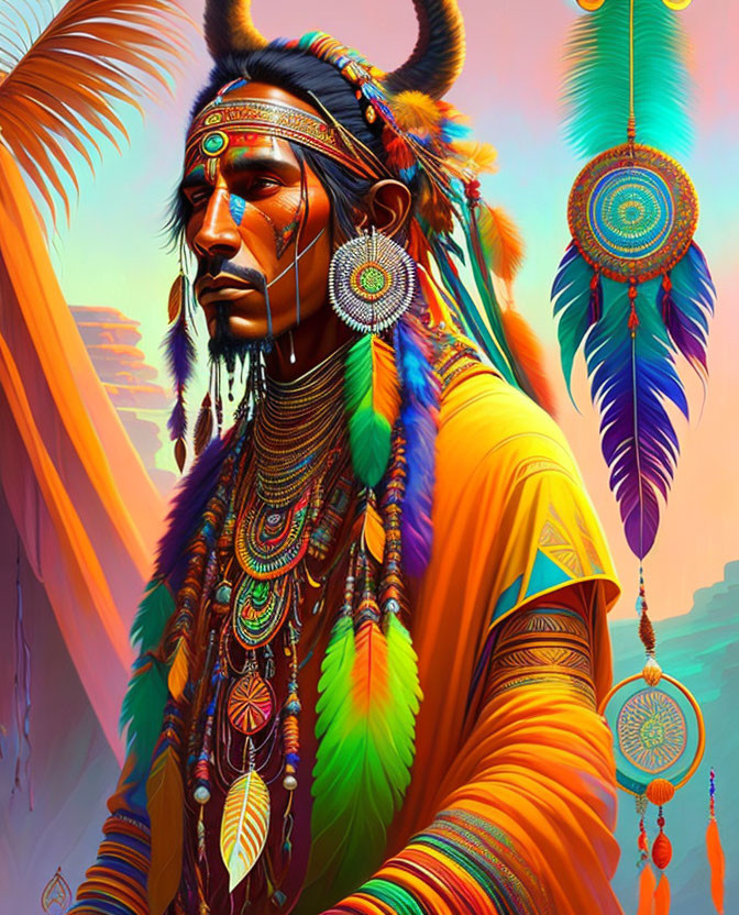 Vibrant Native American man with feather headdress and dreamcatchers in sunset scene