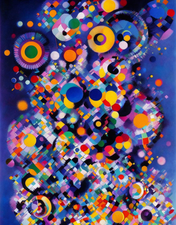 Colorful Abstract Painting with Circles, Dots, and Geometric Shapes on Blue Background