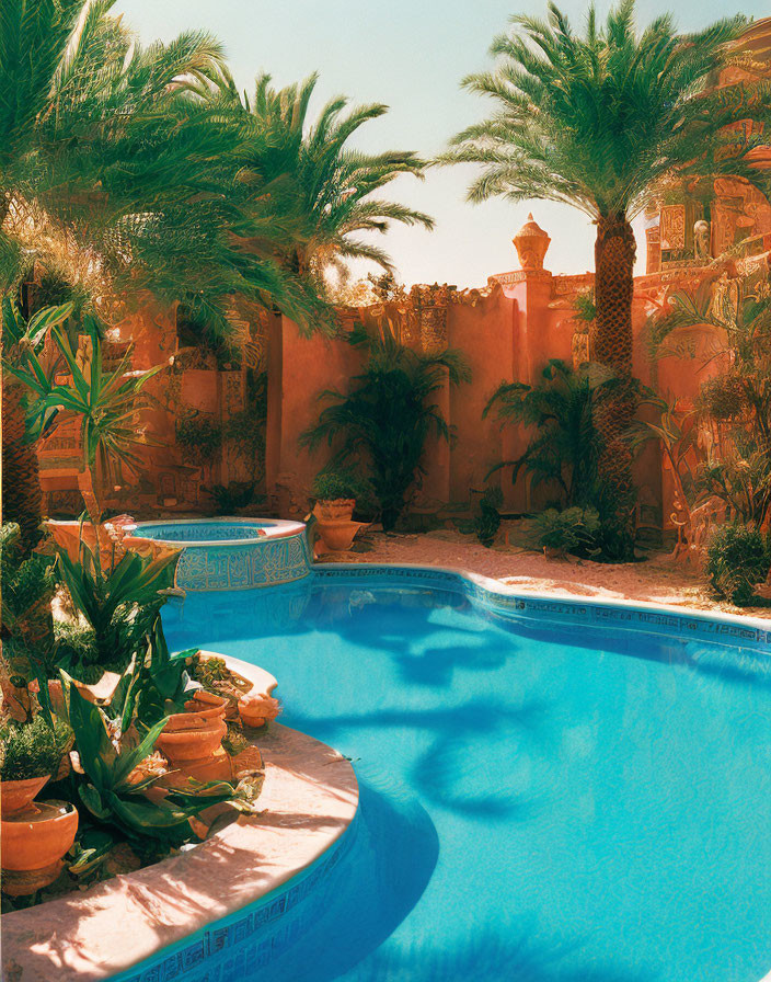 Tranquil oasis with blue pool, palm trees, terracotta pots, and sand-colored walls