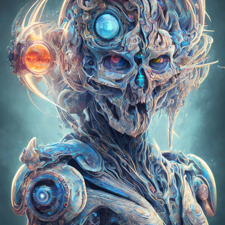 Detailed Biomechanical Entity with Robotic and Organic Features on Cool-Toned Backdrop