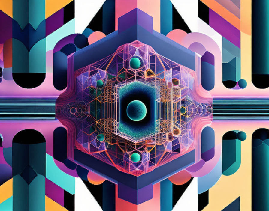 Vibrant geometric pattern with central cube and glowing lines