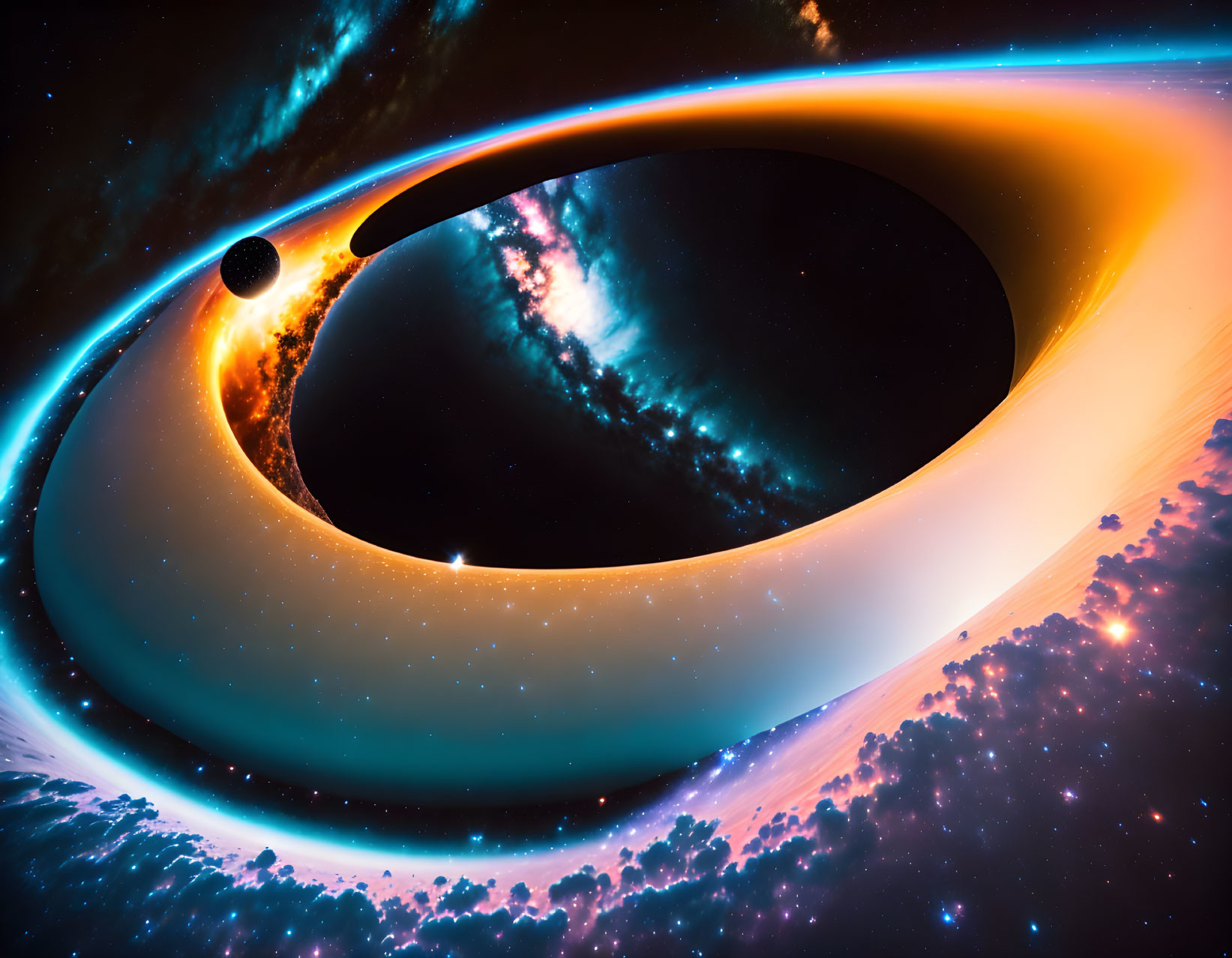 Illustration: Black hole with accretion disk and starry space backdrop