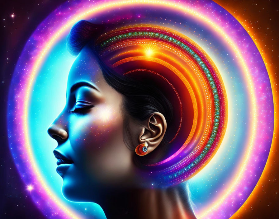 Woman's Profile with Cosmic Aura of Swirling Stars and Nebulae