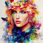 Colorful digital painting: Woman's face with blue eyes in leafy aura