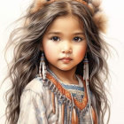 Portrait of young girl with long, wavy hair in traditional attire.