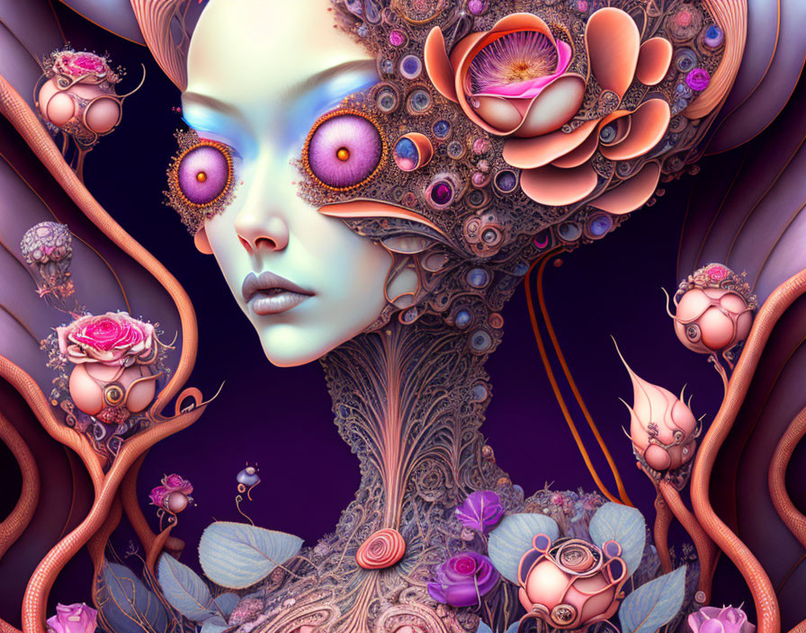 Surreal Female Portrait with Floral and Mechanical Elements in Vibrant Purple Tones