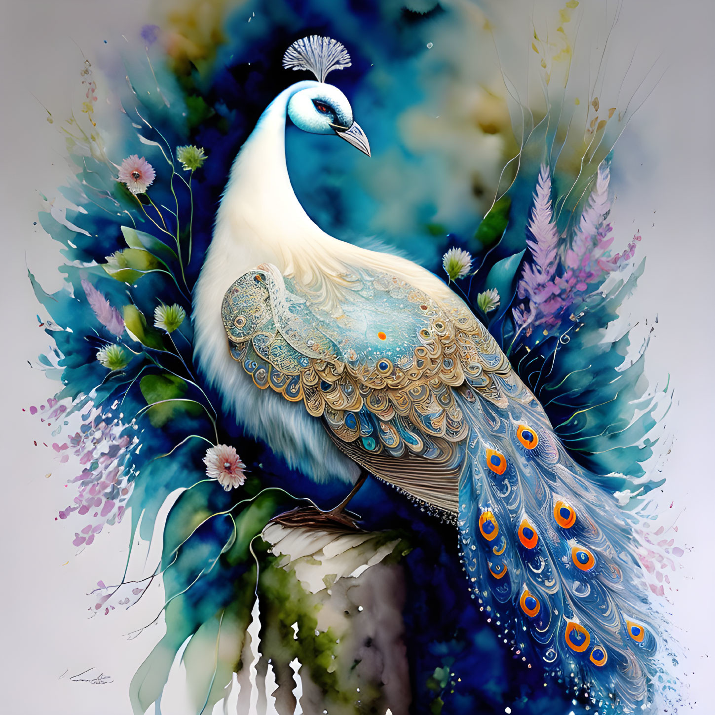 Vibrant blue and gold peacock with detailed feathers and colorful flowers