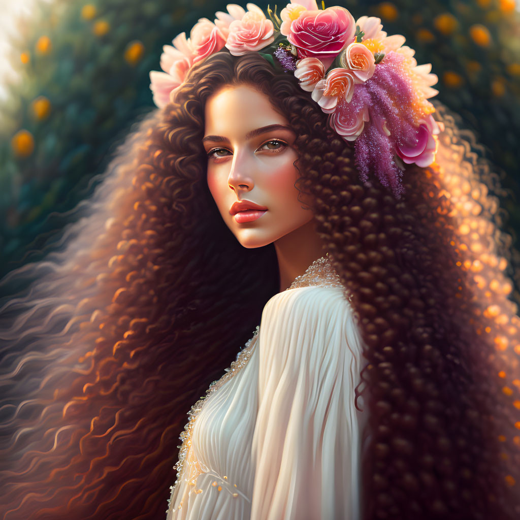 Portrait of woman with long wavy hair in floral crown and white dress on green backdrop