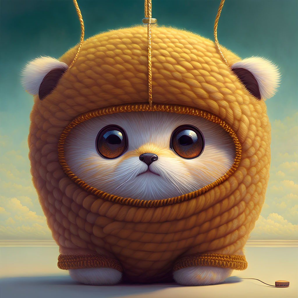 Stylized white kitten in bear beanie illustration