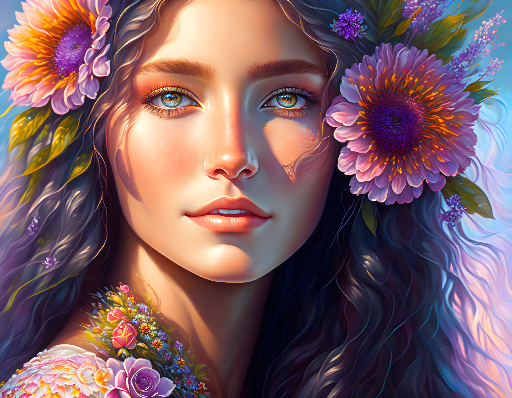 Colorful illustration of a woman with blue eyes and flowers in her hair