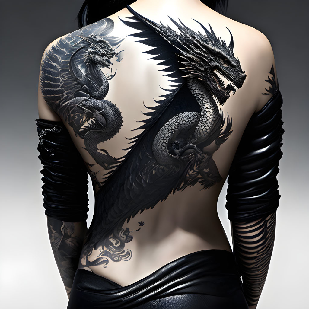 Detailed Black Dragon Tattoo Adorning Person's Back