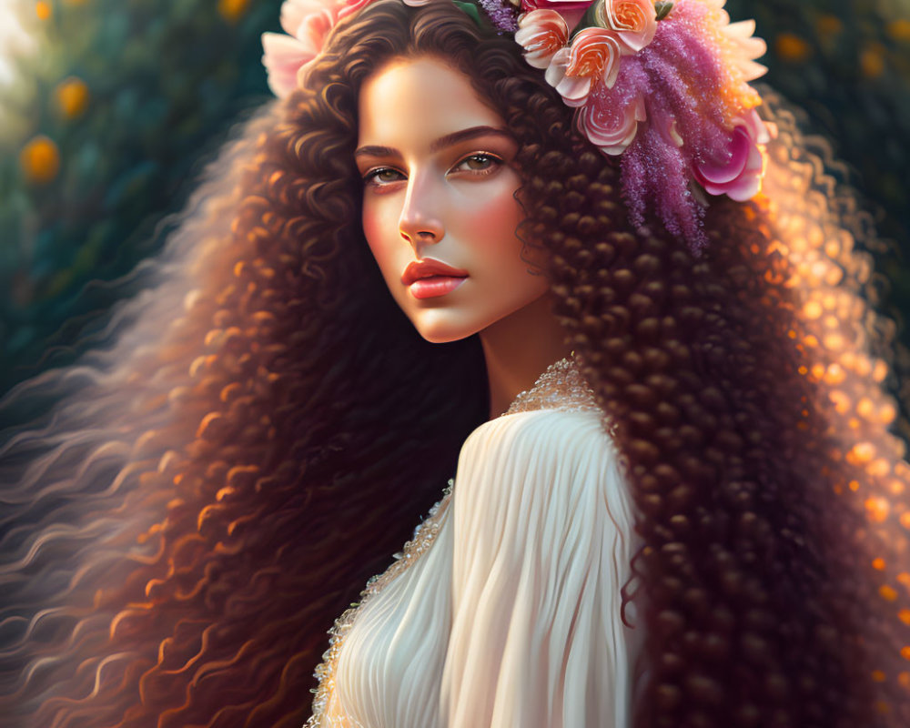 Portrait of woman with long wavy hair in floral crown and white dress on green backdrop