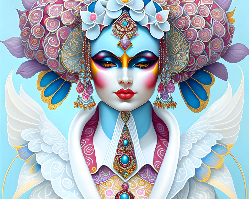 Colorful Stylized Portrait of Deity with Blue Skin and White Wings