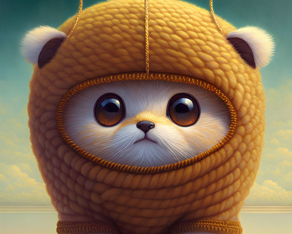 Stylized white kitten in bear beanie illustration