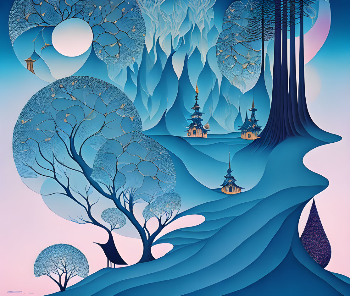 Serene Ethereal Landscape with Stylized Trees and Hills