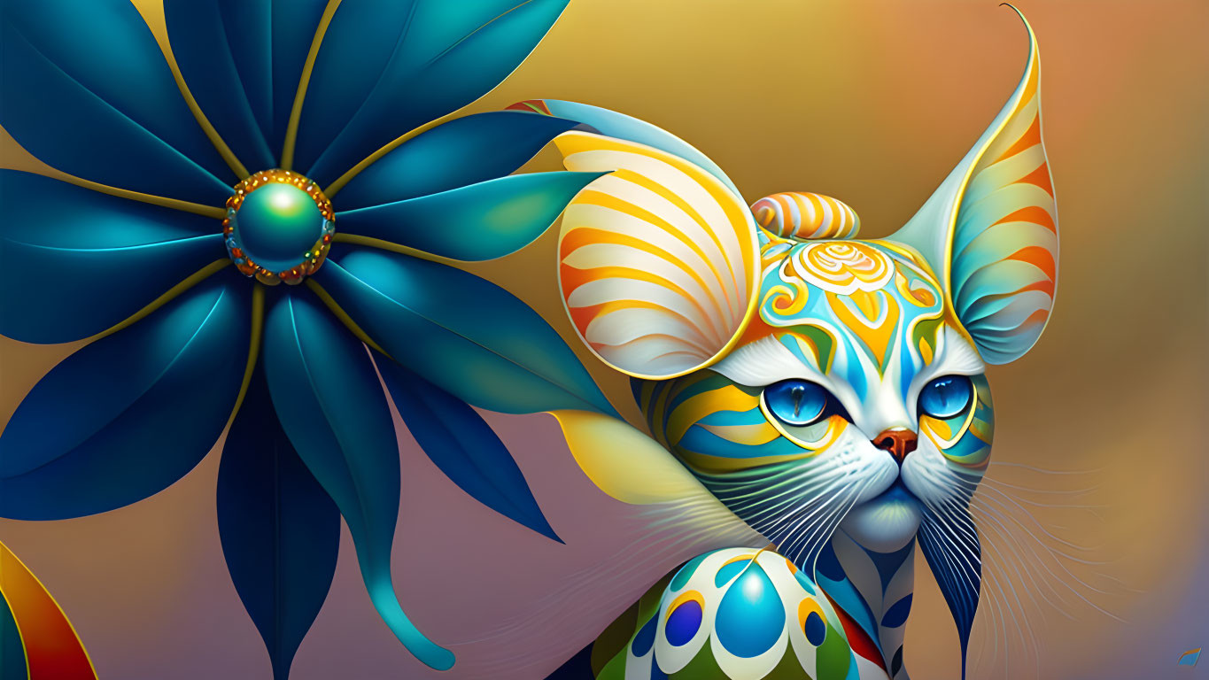 Colorful Stylized Cat Artwork with Blue Flower Backdrop