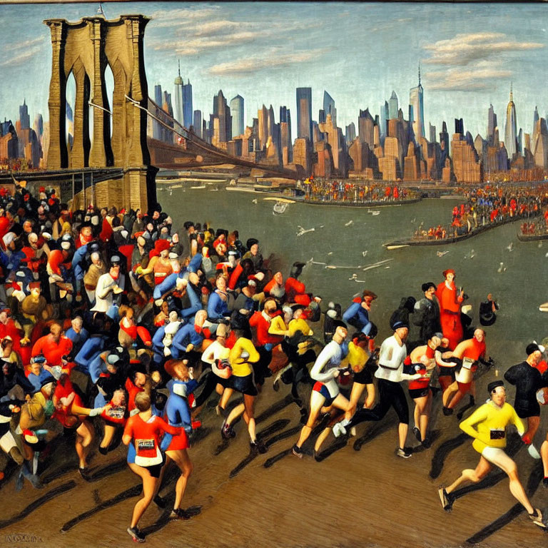 Vibrant marathon runners with Brooklyn Bridge and NYC skyline backdrop