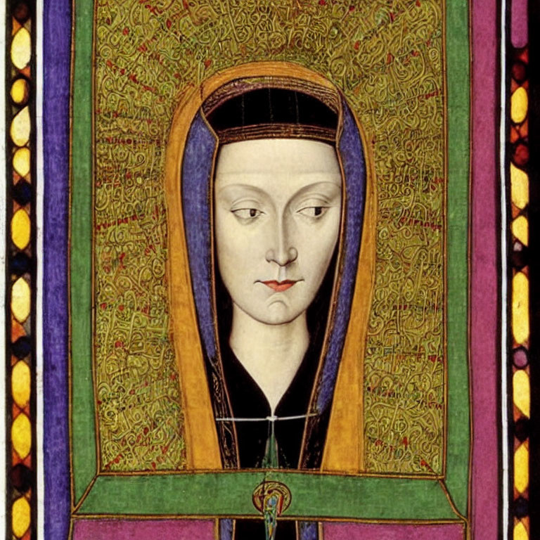 Medieval portrait of a pale woman in black headdress and golden robe