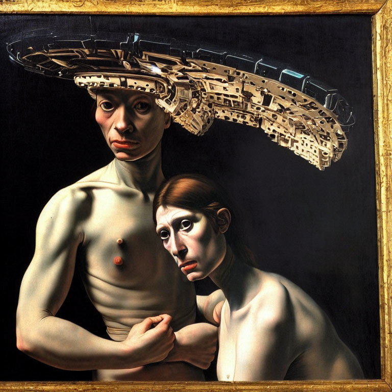 Surreal painting of figures with Space Station headgear in classical pose