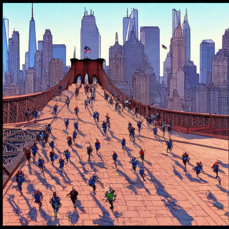 City skyline backdrop with cyclists on bridge illustration.