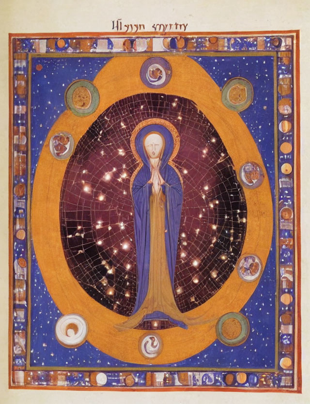 Illuminated Manuscript Page with Blue Robed Figure and Zodiac Symbols