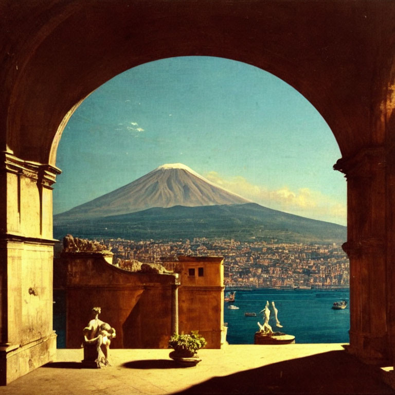 Archway framing Mount Vesuvius, statues, and bay of Naples under blue sky