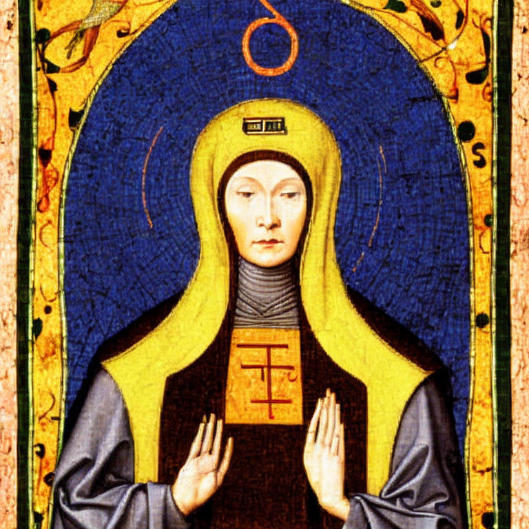 Medieval religious painting: Saintly figure with halo and praying hands