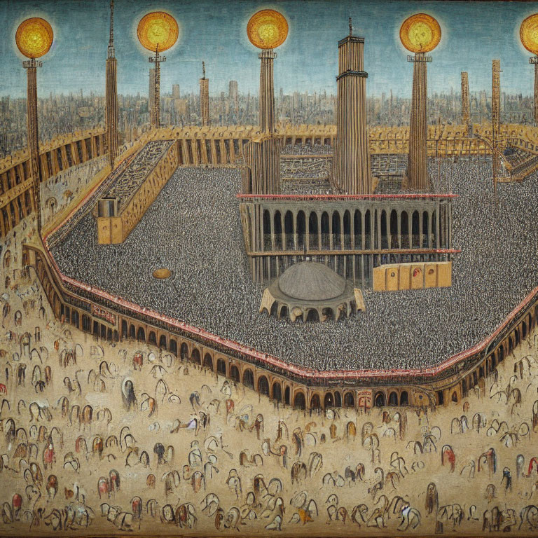 Medieval painting of a crowded city square with tall spires under blue sky