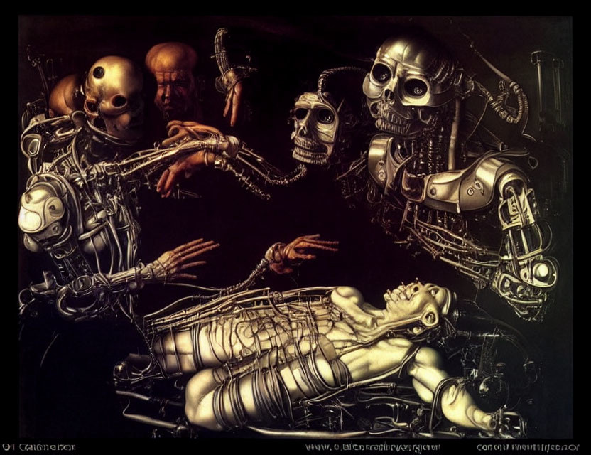 Surreal dark art: mechanical and organic figures with prominent skeletal figure