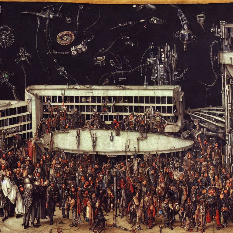 Detailed painting of bustling crowd and complex structure against dark sky