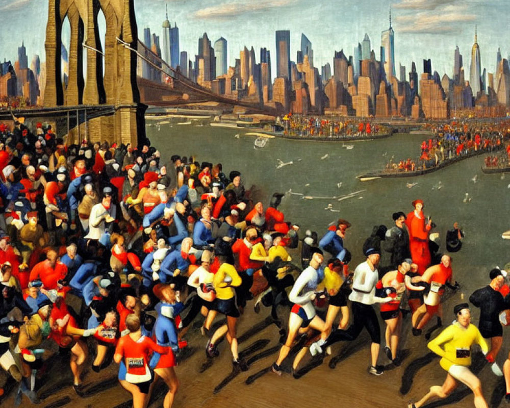 Vibrant marathon runners with Brooklyn Bridge and NYC skyline backdrop