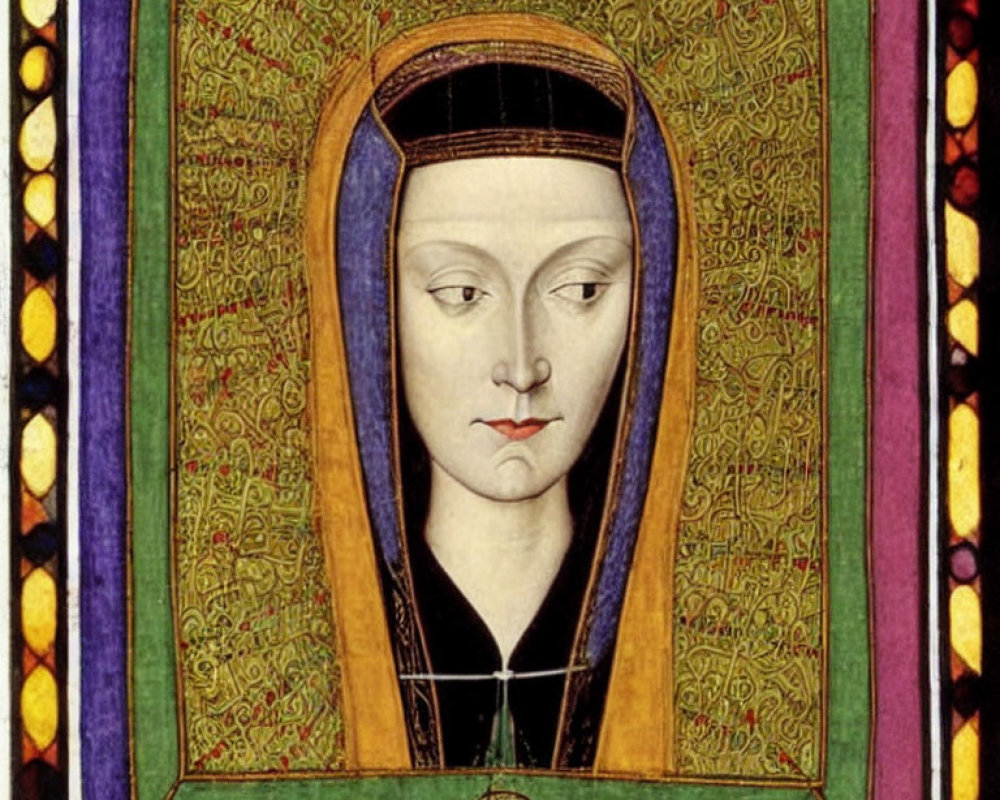 Medieval portrait of a pale woman in black headdress and golden robe