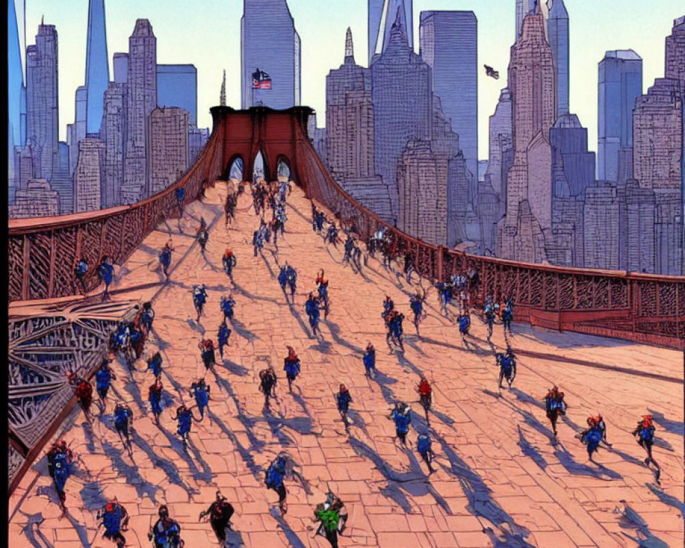 City skyline backdrop with cyclists on bridge illustration.