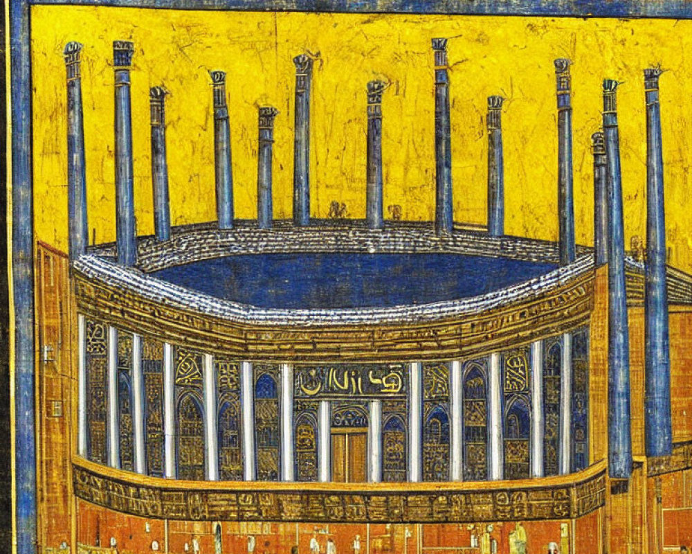 Ancient circular building with blue roof and columns, surrounded by small human figures on gold background