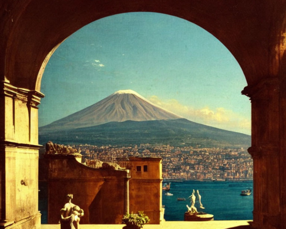 Archway framing Mount Vesuvius, statues, and bay of Naples under blue sky