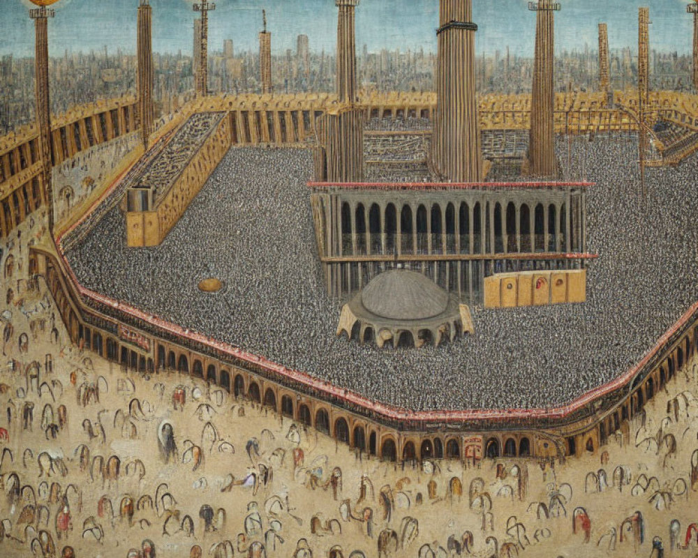 Medieval painting of a crowded city square with tall spires under blue sky