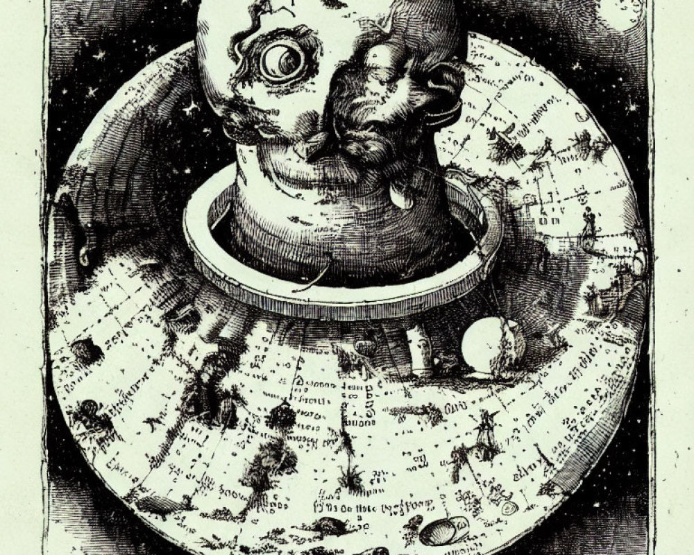 Detailed black and white drawing of celestial globe with zodiac signs on stand.