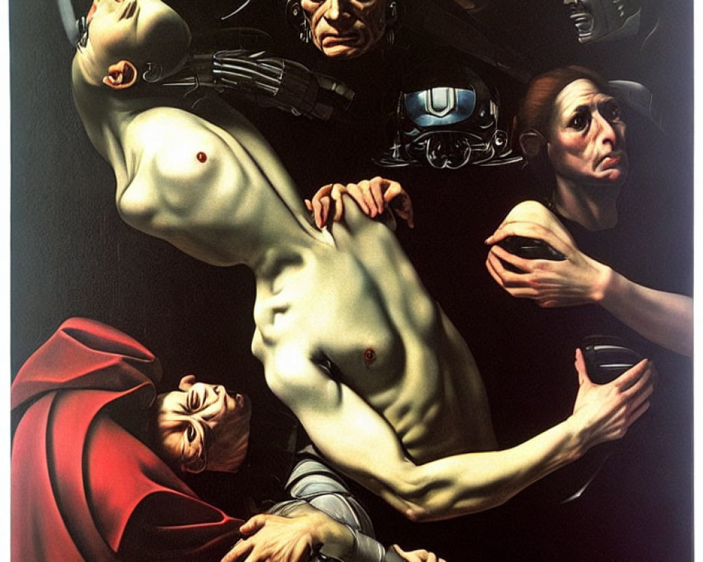 Surreal painting of disjointed human figures with exaggerated expressions