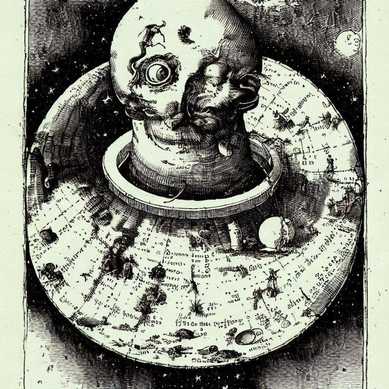 Detailed black and white drawing of celestial globe with zodiac signs on stand.