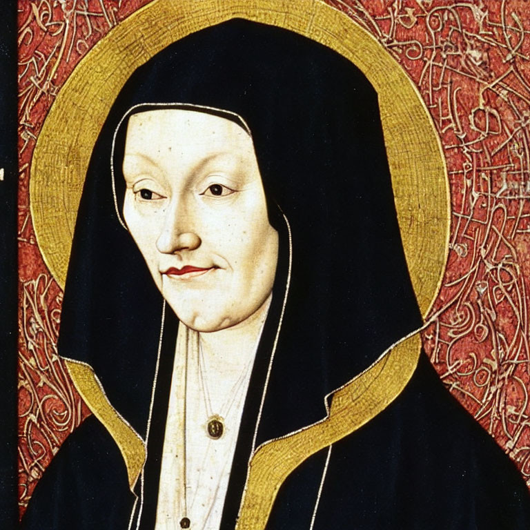 Medieval painting of woman in dark hooded garment with golden halo on red background